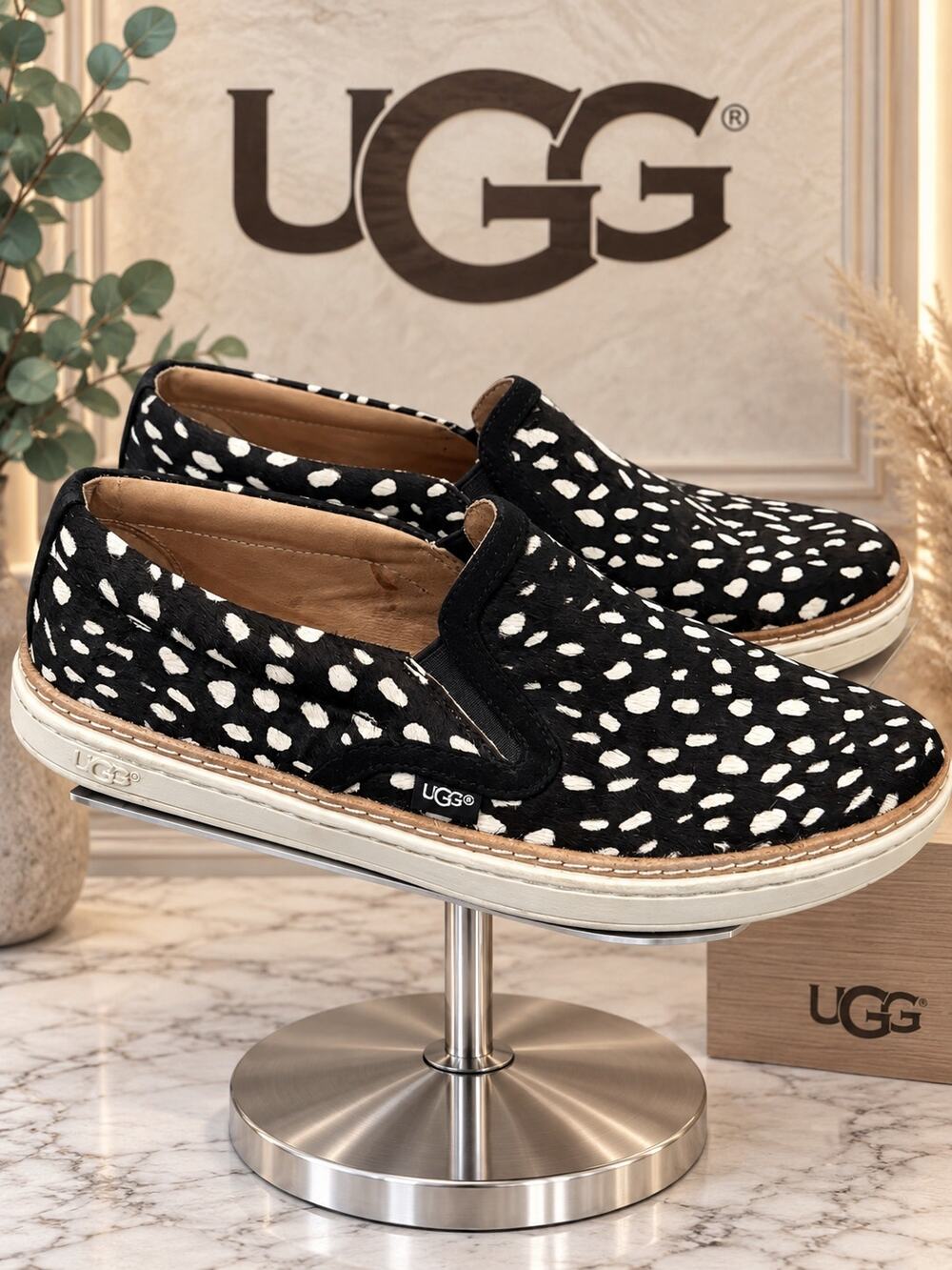 UGG Soleda Black White Spotted Calf Hair Slip-On Sneakers Sz 6.5
